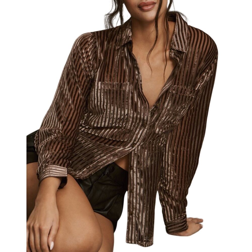Anthropologie Pilcro Velvet Sheer Burnout Buttoned Blouse Chocolate Brown Small